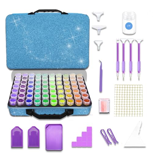 Waykape 70 Slots Sparkle Diamond Painting Storage Box, Diamond Art Tools and Accessories Organizer for 5D Diamonds, Rhinestones – Portable, Shockproof Craft Storage Container, Premium Blue Matte Case