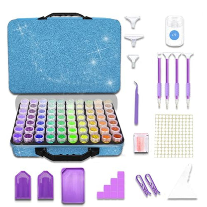 Waykape 70 Slots Sparkle Diamond Painting Storage Box, Diamond Art Tools and Accessories Organizer for 5D Diamonds, Rhinestones – Portable, Shockproof Craft Storage Container, Premium Blue Matte Case