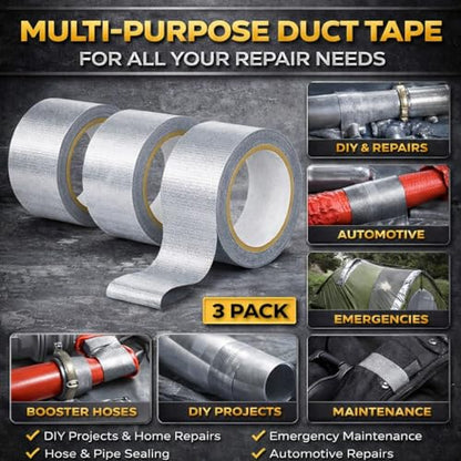 Silver Duct Tape Heavy Duty, 3 Pack 90 Yd Total, Waterproof Strong Adhesive Tape, 8.26 Mil Thick, Multi Purpose for Repairs, Sealing & Outdoor Use