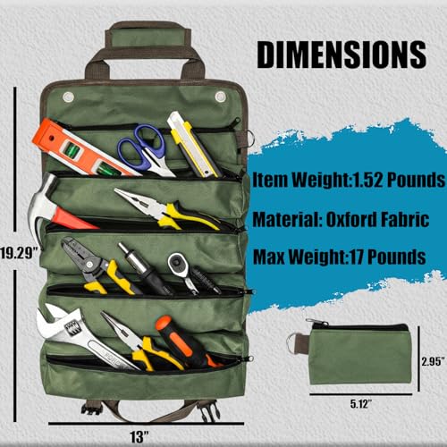 Portable Roll up Tool Bag, Heavy Duty Tool Organizer Bag with 5 Compartments & 2 Detachable Pouches for Tool Storage, Water Resistant Foldable Tool Roll Bag for Dad Men Electrician Mechanic Gift