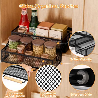 HOUSE AGAIN Pull Out Cabinet Organizer, Recessed 2-Tier Drop Down Storage for High/Deep Cabinets, Compact 12-Inch Hidden Organizer for Spices, Snacks and Small Bottles (Black)