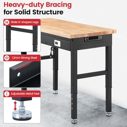 ENJOYWOOD 48" x 24" Heavy Duty Workbench Adjustable Height Garage Work Table with Solid Rubberwood Top, Drawer & Power Outlets for Workshop, Home & Office - size: X-Small