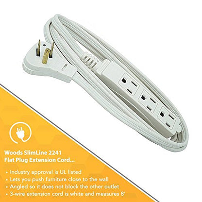 Woods SlimLine Indoor Flat Extension Cord, 8 Ft, 16 Gauge Right Angle Plug, 3 Polarized Outlets, 125 Volts, White, 2241 - size: 8 Foot (Pack of 1)