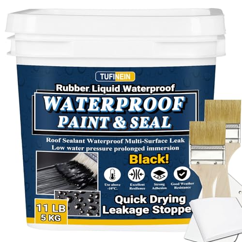 Rubber Liquid Waterproof Sealant, TUFINEIN 11 LB/5 KG Black Quick Drying Multi Surface Foundation Leak Repair - Roof Gutters Basement Sealer Waterproof - Indoor & Outdoor Flexible Rubber Paint - color: Black, size: 11 LB