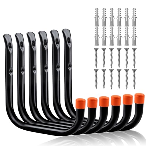 HORUSDY 6 Pack 8 Inch Heavy Duty Garage Hooks, Wall Mount Storage Hangers for Ladder, Bike, Hose, Tools, Holds up to 30LBS, Large Utility Hooks with Screws & Anchors, 7.5" x 7.68" - color: Black, size: 8"(6PCS)