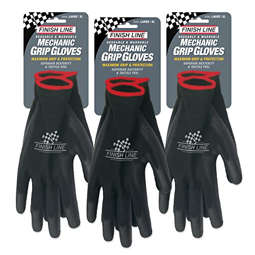 Finish Line Mechanic Grip Gloves for Bicycles, Latex-Free Gloves with Tactile-Enhancing Coating, Textured Palm for Superior Grip, Breathable Upper Fabric Keeps Hands Cool and Dry – Large, 3 Pack