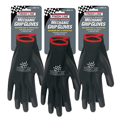 Finish Line Mechanic Grip Gloves for Bicycles, Latex-Free Gloves with Tactile-Enhancing Coating, Textured Palm for Superior Grip, Breathable Upper Fabric Keeps Hands Cool and Dry – Large, 3 Pack