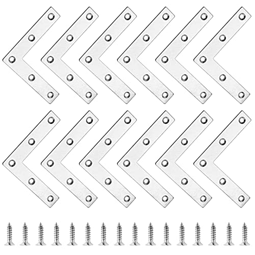 Bonsicoky 12Pcs L Shape Flat Bracket, 3.1" x 3.1" Stainless Steel Flat Corner Brackets, Corner Braces, Joining Plate, Repair Plate for Wood Furniture, Cabinet, Windows, Desks - style: L Shape