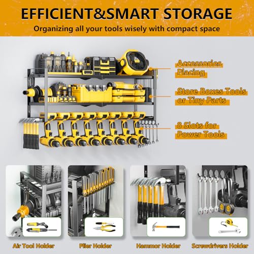Power Tool Organizer - 3 Layer 8 Drill Holder Wall Mount, Storage Rack for Garage Organization, Large Tool Shelf, Gifts for Him Men Dad Husband Anniversary Fathers Day, Cool Gadget Stocking Stuffer - size: Jet Black/Y
