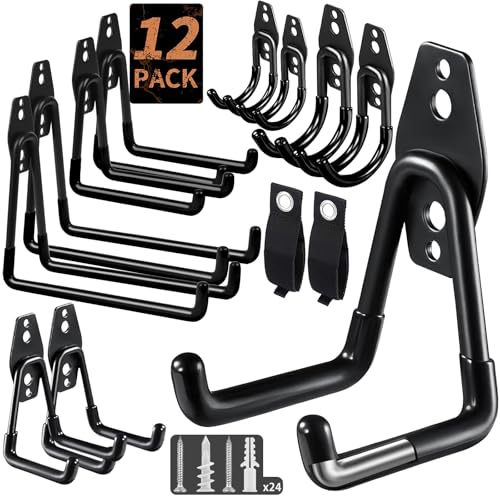 12 Pack Garage Hooks Heavy Duty, Wall-Mount Storage Hooks with Non-Slip Coating, Includes Screws & Anchors + 2 Extension Cord Straps, Shed Hooks for Hanging Bikes, Ladders, Garden Tools, Hoses, Ropes - color: 12pc-Black