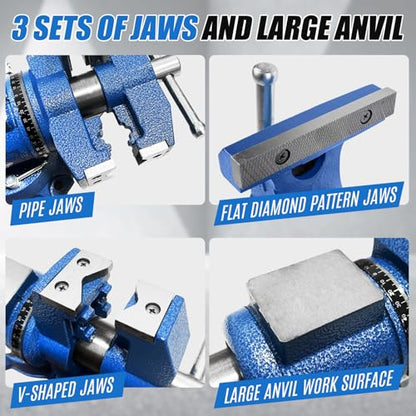 Heavy Duty Bench Vise, 4 Inch Jaw Width and Opening, 360° Swivel Base with Anvil, Multipurpose Clamp & Combination Pipe Vise for Woodworking, Metalworking, Conduit Work