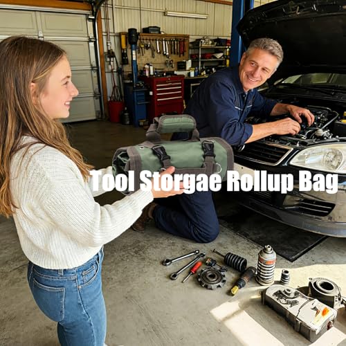 Portable Roll up Tool Bag, Heavy Duty Tool Organizer Bag with 5 Compartments & 2 Detachable Pouches for Tool Storage, Water Resistant Foldable Tool Roll Bag for Dad Men Electrician Mechanic Gift