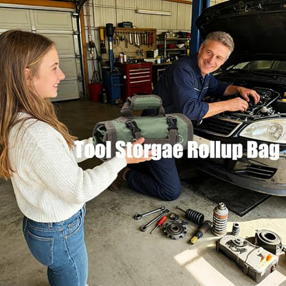 Portable Roll up Tool Bag, Heavy Duty Tool Organizer Bag with 5 Compartments & 2 Detachable Pouches for Tool Storage, Water Resistant Foldable Tool Roll Bag for Dad Men Electrician Mechanic Gift