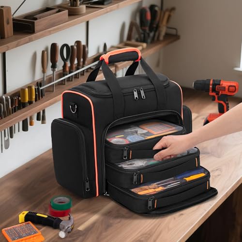 Marscamd Tool Bag with 3 Removable Cases, 2 Layers Tool Tote for Hand Tools, Black with Red Binding - color: Black with Red Binding