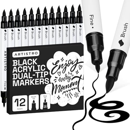 ARTISTRO 12 Black Acrylic Paint Markers - Paint Pens for Drawing, Brush + Fine Tips - For Fabric, Rock, Glass, Wood, DIY - Art & Craft Supplies for Adults, Teens, Kids - Teacher Appreciation Gift - style: Black