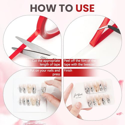 6 Rolls Double Sided Tape Nail Tape for Press On Nails Adhesive Strong Sticky Nail Double Tape for Nail Packaging Removable TClear Mounting Tape for Nail Salon Press On Nail Supplies with Tweezer