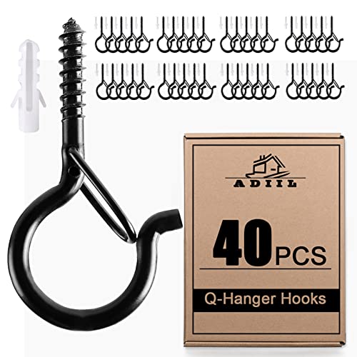 ADIIL 40 PCS Q Hanger Hooks with Safety Buckle, Windproof Screw Hooks for Hanging Outdoor String Lights, Plants, Christmas Patio Lights, 2.2 Inches, Black - color: Black, size: 40 pcs