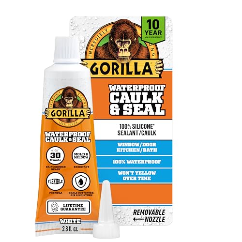 Gorilla 100% Silicone Caulk, Waterproof Sealant, 2.8oz Squeeze Tube (Pack of 1) – White -10 Year Mold Resistant Kitchen, Window, Bath, Marine, Door and More - color: White, size: 1 - Pack