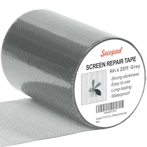 Secopad Grey Window Screen Repair Tape, 4IN X 20FT (240IN) Screen Repair Kit for Windows or Doors, Strong Adhesive Patch Kit Fiberglass Mesh Tape - color: Gray, size: 4IN x 20FT