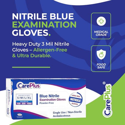 CARE PLUS Nitrile Gloves for Medical Use - Powder & Latex-Free - Black/Blue - S, M, L, XL - 100, 200, 1000 - color: Blue, size: Medium