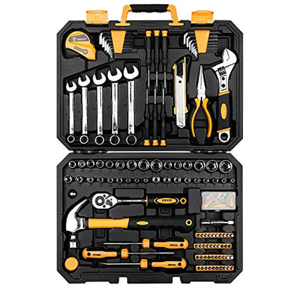 DEKOPRO 158 Piece Tool Set-General Household Hand Tool Kit,Auto Repair Tool Set, with Plastic Toolbox Storage Case - color: Yellow