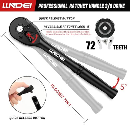 LLNDEI 3/8”Drive Impact Socket Set,Standard SAE(5/16 to 3/4-Inch) Metric Size(8-22mm), 95 Piece, CR-V Steel Deep&Shallow Kit, Adapters, Ratchet Handle, Screwdriver Bit Set, Spark Plug Socket, 6 Point - size: 95-Piece 3/8" Drive Impact Socket Set