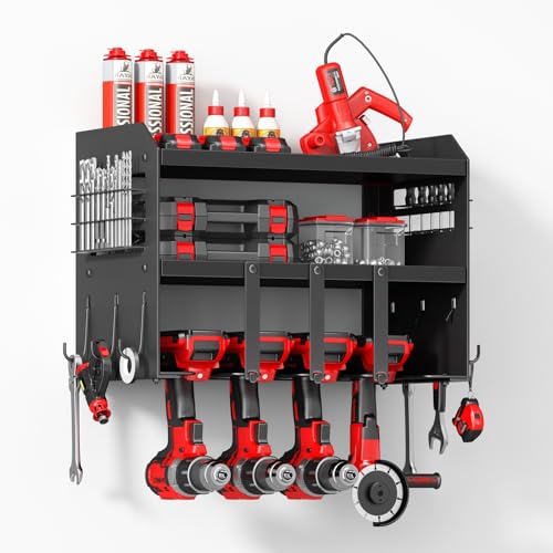 Hipidian Power Tool Organizer Wall Mount: Heavy Duty Storage Organization Stand Cordless -3 Layers Large Garage Organizer with Drill Holder -Metal Steel Utility Rack Hooks Screwdriver -Gifts for Man - color: black