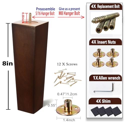 SHANJUE 8 Inch Wood Furniture Legs Set of 4, Square Rubberwood Replacement Sofa Legs with 5/16" & M8 Bolts for US Sectionals and European Beds, Heavy Duty Brown Couch Feet - size: 8 inches