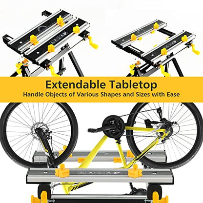 IRONMAX Portable Workbench, Folding Work Table with 7-Level Height Adjustable, 8 Sliding Clamps and Reclining, Folding Workbench and Vise for Cutting, Saw, Paint