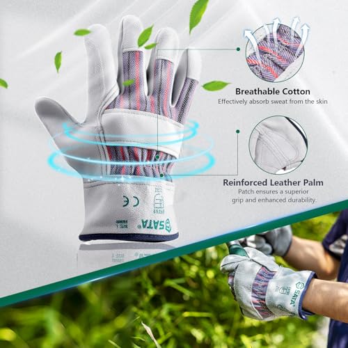 SATA Heavy Duty Halfleather Work Gloves, Doublelayer Cowhide, Cotton Lining, Leather Palm, Gardening, Yard Gloves - color: Gray, size: 1Pair L