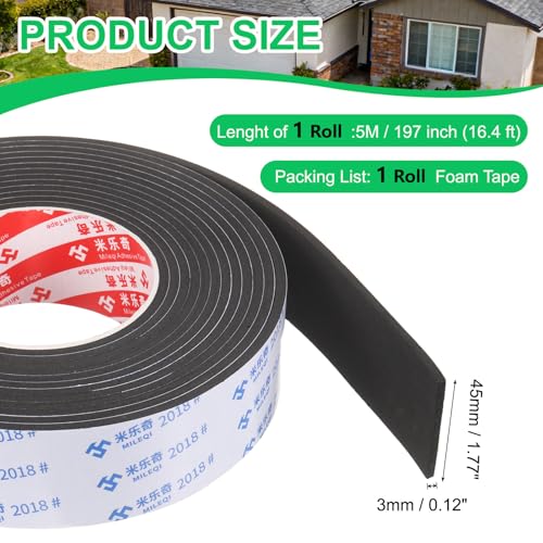 PATIKIL Sponge Rubber Foam Tape, 1 3/4" W x 1/8" t x 16.4ft l Self-Adhesive Foam Insulation Tape Weather Stripping for Window Door Soundproofing Weatherstrip AC Seal Strip, Black - size: 1 3/4" X 1/8" X 16.4ft