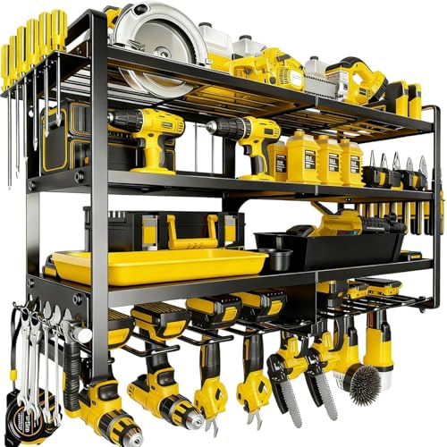 Heavy Duty 4-Tier Wall Mount Tool Rack, 8-Drill Holder & Charging Station, 400lb Load Shelf for Garage Workshop Organization - color: Without charging station, size: 4 Layer/8 Tool Holder