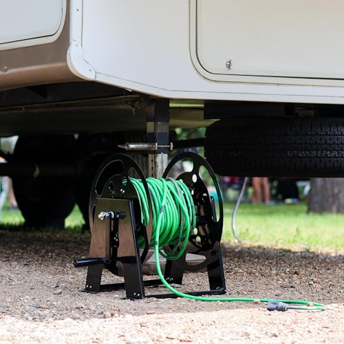 Dumble RV Extension Cord Reel Stand - 50-100ft Black Steel RV Electrical Cord Roll Up or Camper Hose Organizer Spool