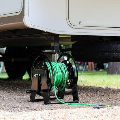 Dumble RV Extension Cord Reel Stand - 50-100ft Black Steel RV Electrical Cord Roll Up or Camper Hose Organizer Spool