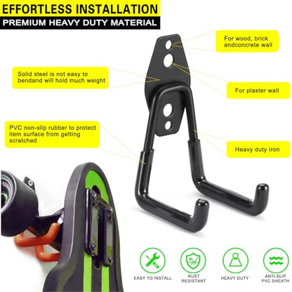 6 Pack Garage Hooks Heavy Duty Storage Organizer Wall Mount Power and Garden Tool Hangers, for Hanging Ladders, Ropes, Hose, Bulk Items - color: Black 6 pack
