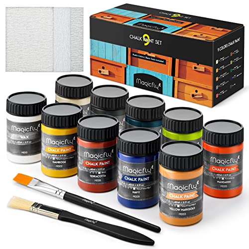 Magicfly 15 Pcs Chalk Furniture Paint Set, 9 Colors Ultra Matte Finish Acrylic Craft Paint Set (60 ml/2 oz) with Liquid Wax, 2 Brushes, 3 Sandpapers, Chalk Paint for Furniture, Crafts, Rustic Colors - style: Rustic Colors