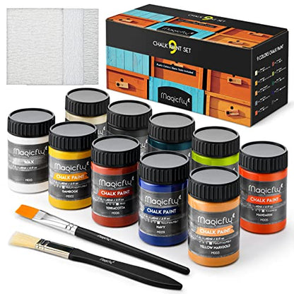 Magicfly 15 Pcs Chalk Furniture Paint Set, 9 Colors Ultra Matte Finish Acrylic Craft Paint Set (60 ml/2 oz) with Liquid Wax, 2 Brushes, 3 Sandpapers, Chalk Paint for Furniture, Crafts, Rustic Colors - style: Rustic Colors