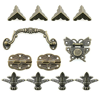12pcs Jewelry Box Antique Lock Latch Hasp Hinges Handle Box Corner Protectors Kit - Include 1 Antique Lock Latch Hasp 2 Hinges 1 Handle 8 Box Corner Protectors and Enough Screws
