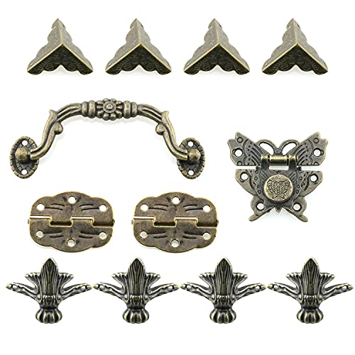 12pcs Jewelry Box Antique Lock Latch Hasp Hinges Handle Box Corner Protectors Kit - Include 1 Antique Lock Latch Hasp 2 Hinges 1 Handle 8 Box Corner Protectors and Enough Screws