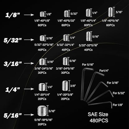 1150PCS Set Screws Assortment Kit, 26Sizes Metric & SAE Stainless Steel Screws, Allen Head Socket Hex Grub Set Screws for Bathroom Fixtures, Towel Bar (M3-M8, 1/8"-40 to 5/16"-18) - size: 1150pcs 26size