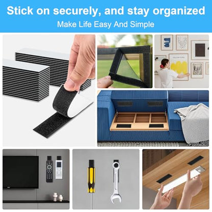 32 Sets 1x4 Inch Hook and Loop Strips with Adhesive, Strong Sticky Back, Heavy Duty Fasteners, Double Sided Mounting Tape for Wall Hanging Picture, Home, Office, School, No Holes Needed, Black