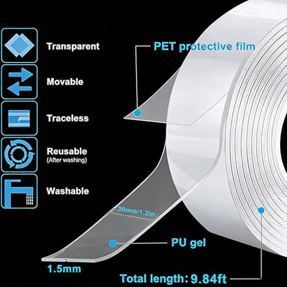 【2 Rolls】 Double Sided Tape Heavy Duty, Nano Clear Mounting Tape, Picture Hanging Poster Carpet Tape for Walls, Dorm Office School Outdoor, Removable Adhesive（9.85FTx1.2in&0.8in - size: 19.7 Feet