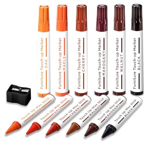 Furniture Repair Marker Set of 14, Wood Touch Up Kit with Markers and Wax Crayons for Scratches, Floors, Cabinets, Tables – Colors: Oak, Maple, Cherry, Mahogany, Walnut, Black - color: Dark Wood, size: Set Of 14