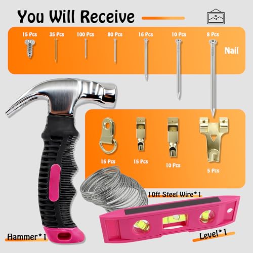 Picture Hanging Kit Hanging Hardware Assorted with Magnetic Hammer D Ring Nails Hooks Wires Magnetic Level for Wall Mounting Heavy Picture Canvas Paintings Photos Frame Board Clock