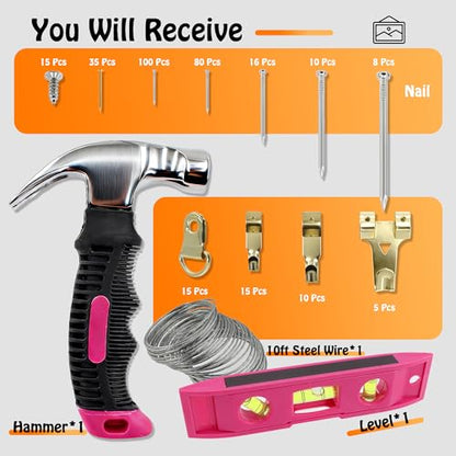 Picture Hanging Kit Hanging Hardware Assorted with Magnetic Hammer D Ring Nails Hooks Wires Magnetic Level for Wall Mounting Heavy Picture Canvas Paintings Photos Frame Board Clock