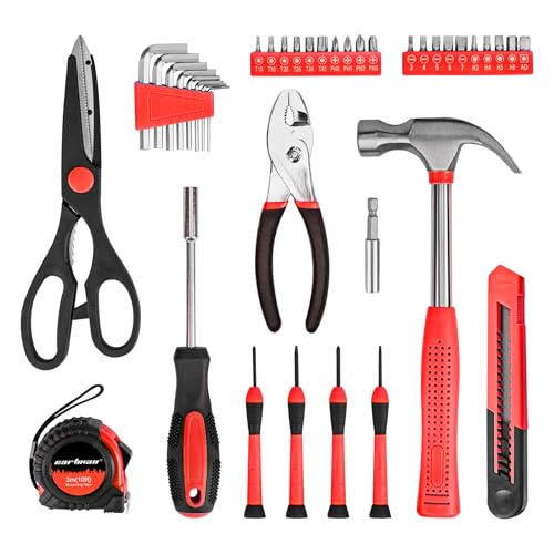 CARTMAN 39-Piece Home Tool Set Kit, Essential Household Hand Tools with Plastic Storage Case Red - color: Red