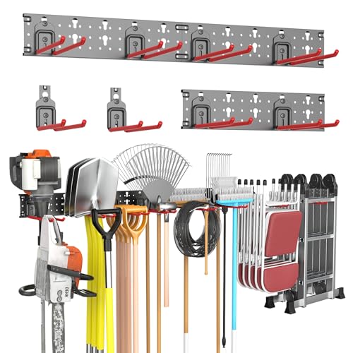 TORACK Garden Tool Organizer Wall Mounted, Garage Folding Chair Storage Rack, Tools Rack for Shovels, Rakes, Broom, Ladders, Hooks for Keyhole Style Shelving Unit(13 pcs) - style: 3 panels with 8 hooks