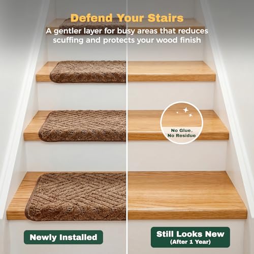 MBIGM Bullnose Non-Slip Stair Treads w/Reusable Adhesive 14 Pack 9.5" x 30" Wooden Steps Protection - TPU Backing with Steel Reinforcement - Anti-Slip Solution Basketweave Brown Non Slip Stair Tread - color: Brown - Basketweave