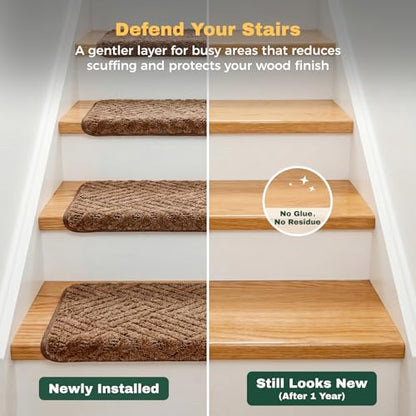 MBIGM Bullnose Non-Slip Stair Treads w/Reusable Adhesive 14 Pack 9.5" x 30" Wooden Steps Protection - TPU Backing with Steel Reinforcement - Anti-Slip Solution Basketweave Brown Non Slip Stair Tread - color: Brown - Basketweave