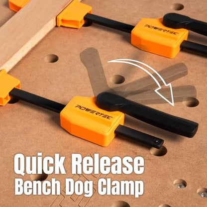 POWERTEC MT4006C Portable Workbench w/Bench Dogs & Clamps | Folding Sawhorse Worktable w/4 Bench Dogs & 2 Quick Release Bench Dog Clamps, Imprinted Ruler and Protractor Scale for Woodworking Projects